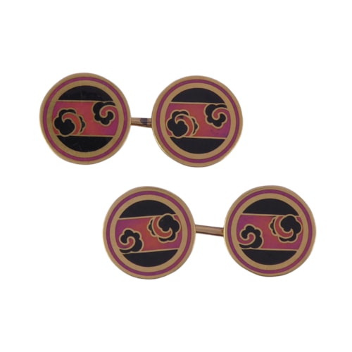 Pair of Art Deco black and reddish-pink enamel and 18ct gold cufflinks, French c.1925, with chinoiserie cloud scroll design,